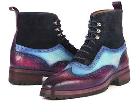 Paul Parkman Mens Shoes Boots Purple Light Navy Blue Wingtip Handmade 97... - $579.99