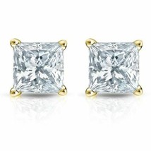 3.00CT Brilliant Princess Cut Solid 14K Yellow Gold PushBack Stud Earrings - £129.32 GBP
