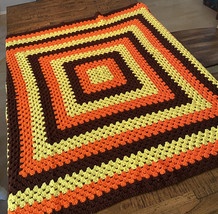 Vintage &#39;70s Boho Granny Square Afghan Throw - 56&quot;x56&quot; - Yellow/Orange/Brown - £17.21 GBP