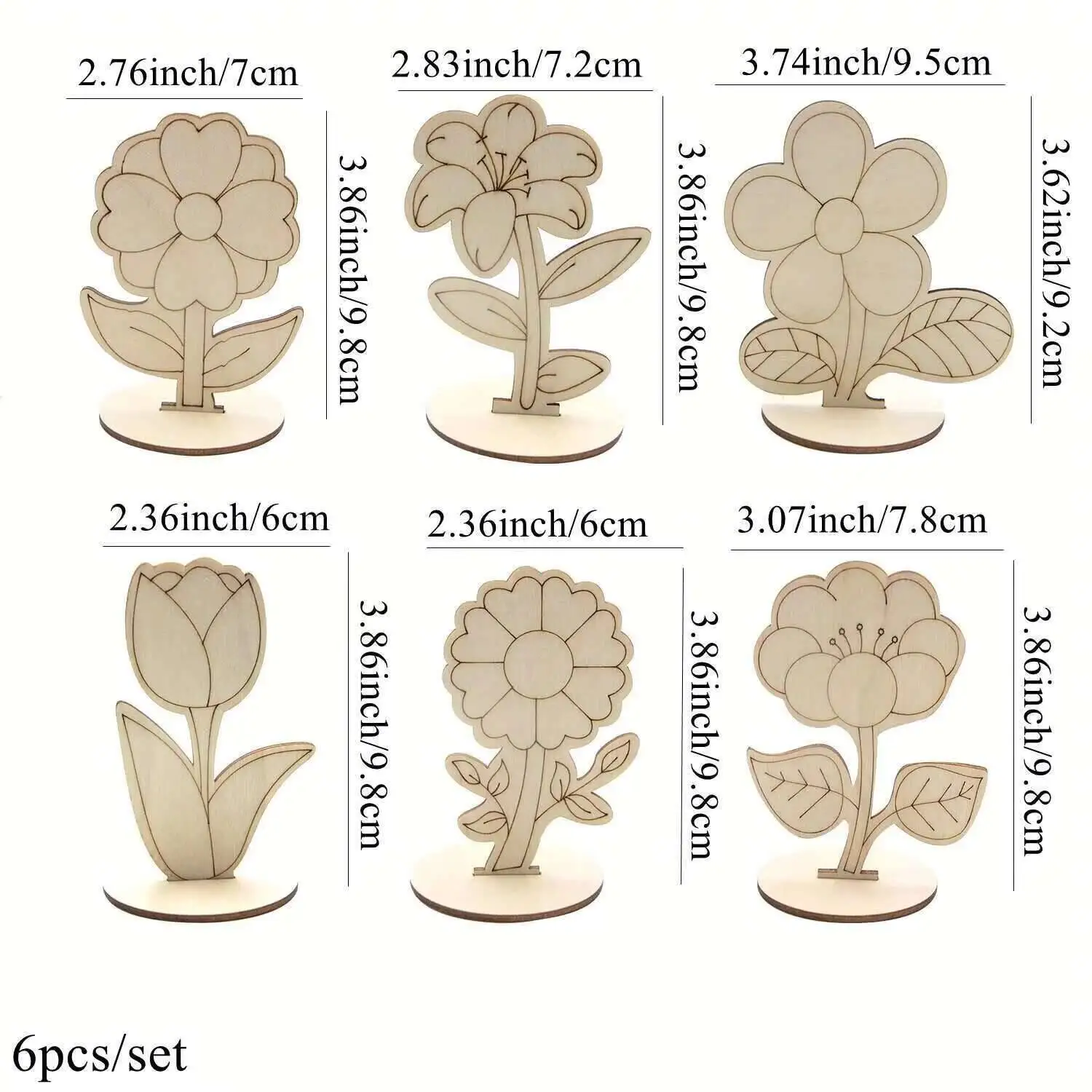 6Pcs/Set Wooden Flower Ornament Unpainted Lily/Rose Crafts For -6pcs-mixed - €5,63 EUR