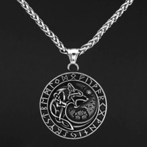 Norse Fenrir Necklace Silver Stainless Steel Rune Wolf Skoll Hati Viking Pendant - £20.93 GBP