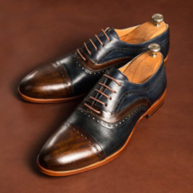 New Handmade Men Brown Blue Cowhide Leather Cap Toe Dress Formal Oxford Shoes - £102.63 GBP