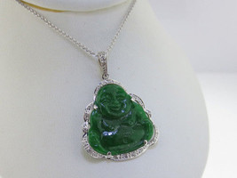 Jade HAPPY BUDDHA Diamonds Pendant Solid 18k/14k White Gold Necklace 18&quot; - £1,751.02 GBP