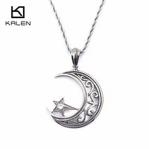 Fashion Stainless Steel Moon &amp; Star Pendant Necklaces For Men Religious Turkish  - £16.62 GBP