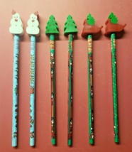 Vintage 1990&#39;s Jumbo Eraser 6 Pencils Christmas, Tree Snowman, Sled Berol NOS - £3.18 GBP