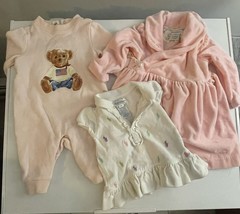 Ralph Lauren Baby Girl Romper &amp; Top Size 3M &amp; Pink Velour Dress Size 9M - $29.70