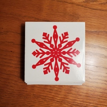 Coasters, set of 4, Red Snowflake on White, Glazed ceramic, cork backing image 2