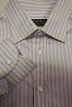 GORGEOUS Canali Exclusive Collection Light Blue &amp; Gold Stripe Dress Shirt 16x33 - £70.78 GBP