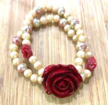 Red Rose Pink Cultured Pearls Bead 2 Strand Layered Handmade Bracelet Stretch - £31.96 GBP