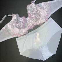 Victoria&#39;s Secret unlined 36DDD BRA SET L panty PURPLE LILAC ombre floral lace - £55.52 GBP