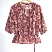 Ana Boho Floral Blouse Womens S Button Sheer Long Sleeve Maroon Tie Waist Shirt - £5.05 GBP