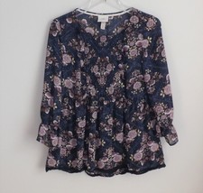 KNOX ROSE Navy &amp; Rose Floral BOHO Blouse Top Embroidered Trim Medium - $11.87