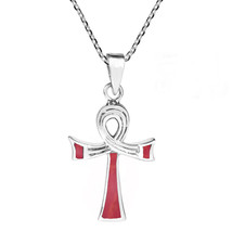 Egyptian Ankh Ribbon Knot Red Coral Sterling Silver Necklace - £15.53 GBP