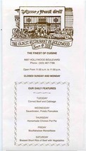 Musso &amp; Franks Grill Menu Oldest Restaurant in Hollywood California  - £15.03 GBP