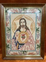 Vtg Sacred Heart of Jesus Embroidery Art Bullion Stitch Needlework Wall Hanging - £92.21 GBP