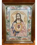 Vtg Sacred Heart of Jesus Embroidery Art Bullion Stitch Needlework Wall ... - £90.24 GBP