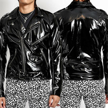 Tripp Punk Rock Faux Leather 4 Way Stretch Mens Moto Jacket Black Vinyl M L NEW - £124.37 GBP