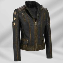 Women&#39;s Distressed Brown Cowhide Leather Cafe Racer Biker Jacket - $192.99