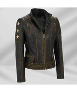 Women's Distressed Brown Cowhide Leather Cafe Racer Biker Jacket - $192.99