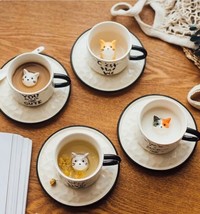 Ceramic Cute Cat Pattern Cup with Saucers/Kitty Coffee Mugs/Best Gift for Cat Te - £9.81 GBP