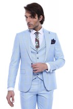 Men 3pc Vested Suit Turkey Usa Wessi J.Valintin Slim Fit 132-22 Plaid Blue Sale - £119.89 GBP