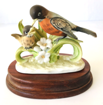 Lefton Red Robin &amp; Baby Bird Vintage 1960s Porcelain Figurine on Wood Base - £18.67 GBP