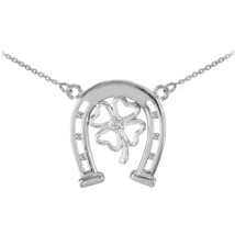 925 Sterling Silver Lucky Horseshoe with CZ 4-Leaf Clover Necklace - Made in USA - £34.68 GBP+