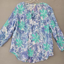 Grand Green Women Shirt Size M Blue Boho Floral Sheer 3/4 Sleeves Tie Scoop Top - £9.91 GBP