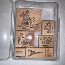 STAMPIN&#39; UP! Paris Spring Stamp Set of 7 Rubber Wood Mount Eiffel Tower Flower - £31.32 GBP