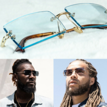 AAA Quality Baby Blue Retro Rectangle Gold Vintage Rimless Sunglasses For Men - £13.62 GBP