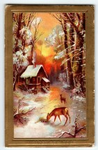 Happy New Year Postcard Deer Cabin Woods Rustic Vintage Greetings 1910 Embossed - £10.40 GBP