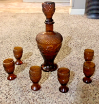 Vintage Amber Glass Decanter Stopper and 6 Shot Glasses Used MCM - $49.00