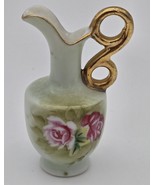 Vintage Lefton Mini Pitcher Label Hand Painted Pink Roses Gold Handle 3&quot; - $27.49 CAD