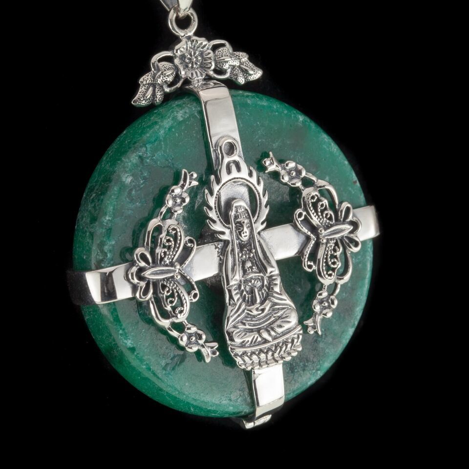 Beautiful Buddism Sterling Silver Green Jade 16" Necklace and Pendant 72.4gr Item image 8