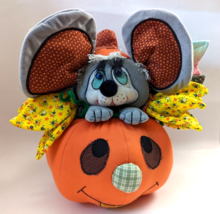Jack O Lantern Pumpkin &amp; Mouse Stuffed Fabric Patchwork Halloween Decor 14&quot; - $25.99