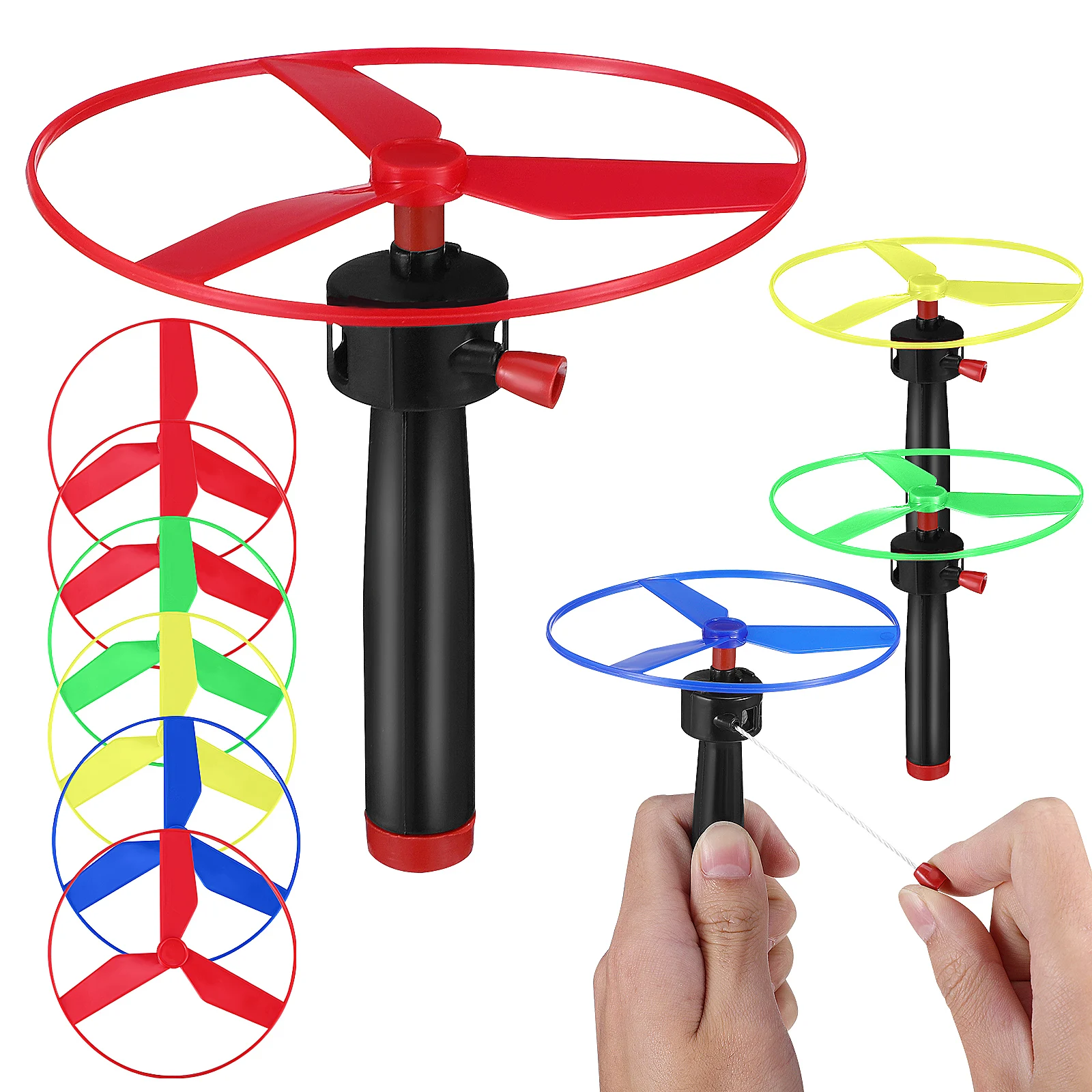 Flying Disc Propeller Helicopter Toys Pull String Flying Saucers UFO Spinning - £8.28 GBP