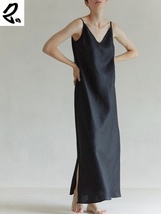 French pure linen suspender skirt, v-neck split dress - £55.48 GBP+