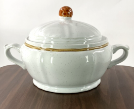 Covered 2 QT Lidded Serving Dish Heritage by HEARTHSIDE Americana, Beige Bands - £21.13 GBP