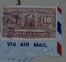 Nice Vintage Used Correo Aereo Nicaragua 10 Dia de la Raza Stamp, GOOD COND - $2.96