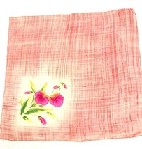 Vintage Hankie Pink Flowers Green Leaves 16x16 Handkerchief Silkie Feel  - £17.51 GBP