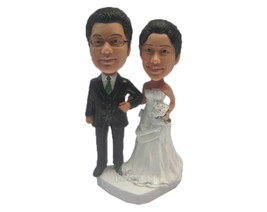 Custom Bobblehead Just Married Couple In Gorgeous Wedding Attire And Holding A B - £121.50 GBP