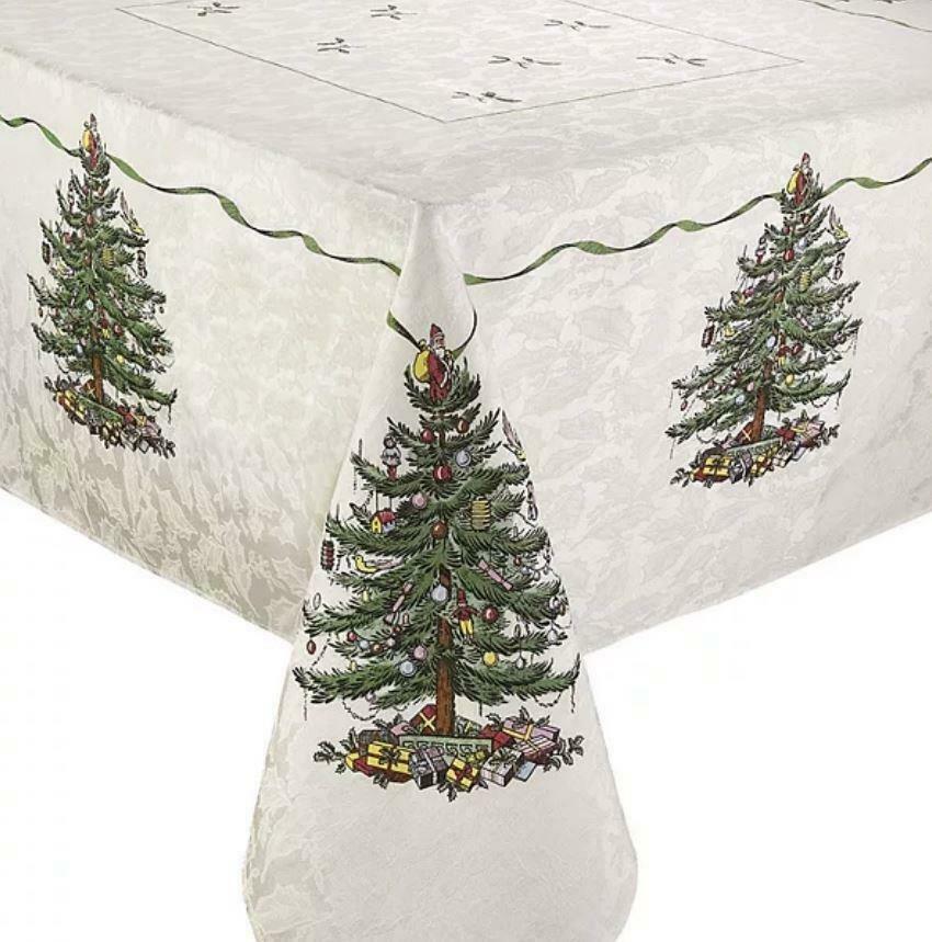 Spode Decorated CHRISTMAS TREES Ivory Damask 60 x 120 Tablecloth NIP HTF... - $59.99