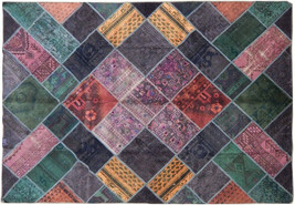 Colorful Patchwork Rug 88 x 124 in Vintage Wool Handmade 10x7 ft Rug Green Gold - £1,372.90 GBP