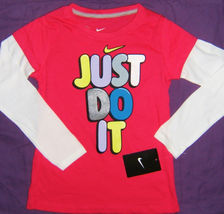 Nike Girls LS T-Shirt Top Just Do It Layered Sleeves Pink White 4 6X - $11.99