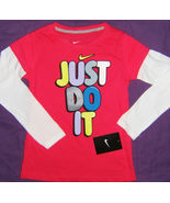 Nike Girls LS T-Shirt Top Just Do It Layered Sleeves Pink White 4 6X - £9.37 GBP
