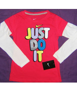 Nike Girls LS T-Shirt Top Just Do It Layered Sleeves Pink White 4 6X - $228.24 MXN