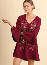 Umgee Dress Size S M L Embroidered Floral Whimsygoth Red Bell Sleeve Tun... - $454.63 MXN