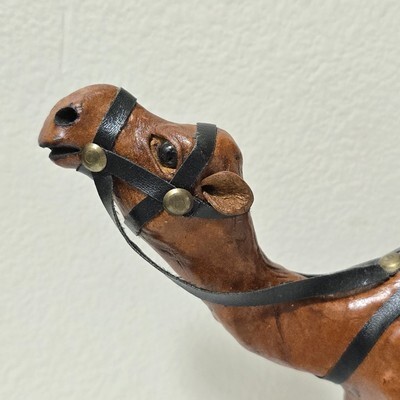 Vintage 7" Collectible Wooden Leather Wrapped Camel Figure w/ Glass Eyes Figure Item image 4