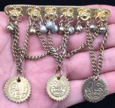 VTG Gold Tone Bar Brooch w/Dangling Chain Bells &amp; Coins Asian Indian 3&quot; x 2.75&quot; - £7.56 GBP