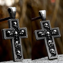 Mens Gothic Skull Cross Pendant Necklace Punk Rock Biker Jewelry Stainless Steel - £8.69 GBP